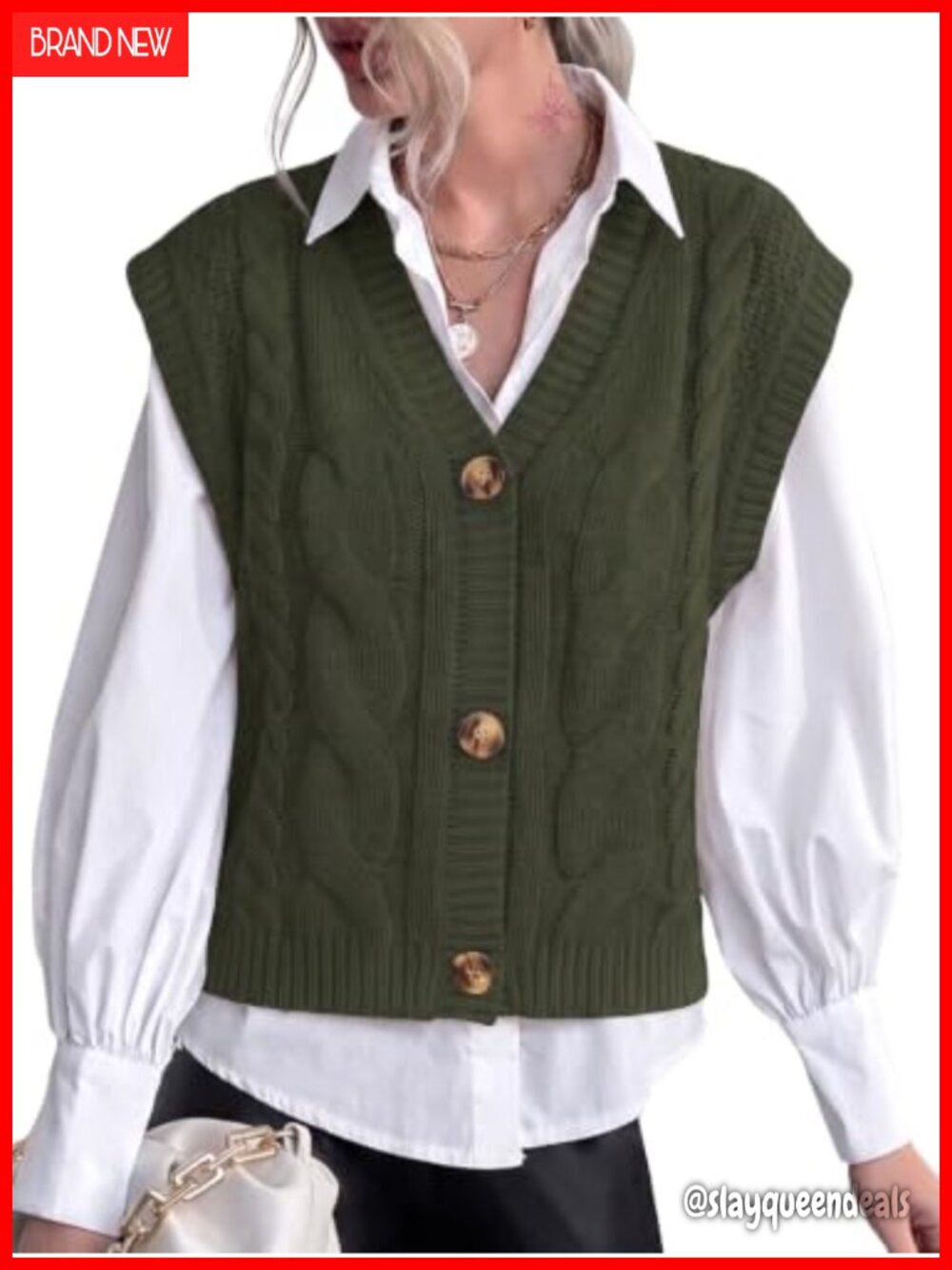 Sleeveless Button Down V Neck Cable Knit Sweater Vest Chunky Relaxed Fit